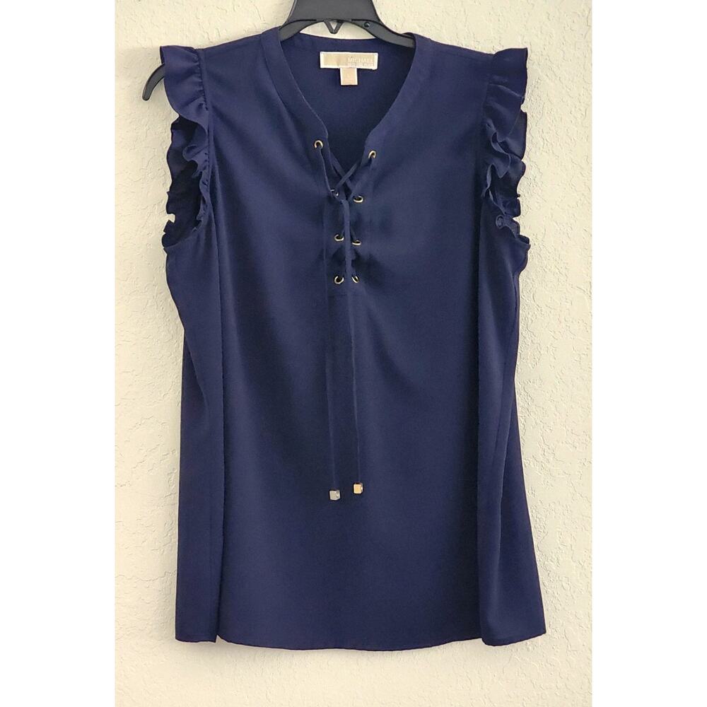 Top/Blouse-Michael Kors-Navy Blue-Lace Up Tie Front-Sleeveless with Ruffle-Large